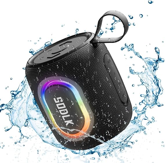 Bluetooth Speakers, Wireless Portable Speaker with RGB Party Light, IPX7 Waterproof, Rich Bass, Stereo Dual Pairing, USB & TF Card & AUX Input (Black)