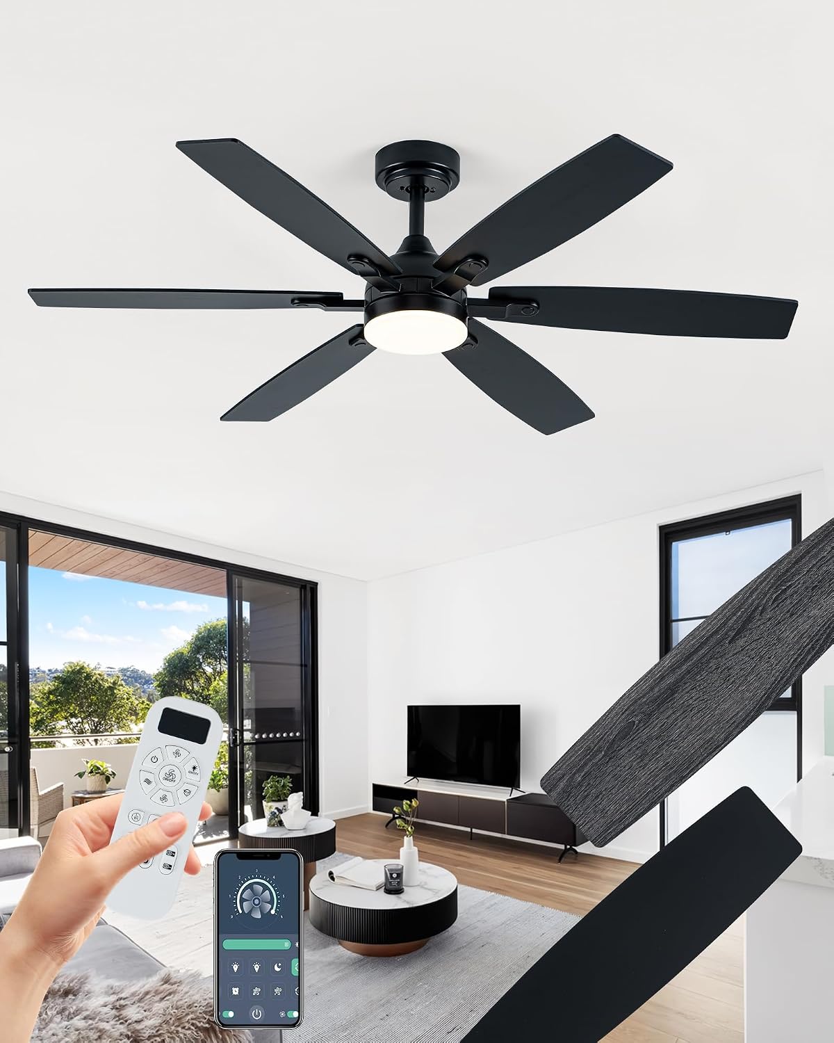 Coolwind - 52 inch ceiling fans with lights, ceiling fan for bedroom with lights, 6 speeds, 3 color temperatures, LED ceiling fans and remote control