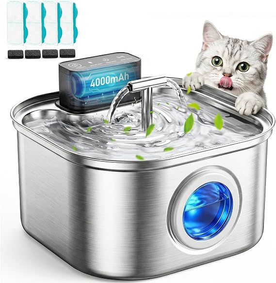 Cordless Cat Water Fountain Stainless Steel,3.2L/108oz Rechargeable