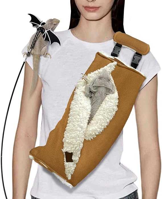 Adjustable Fluffy Bearded Dragon Sling Carrier Bag, Reptile Carrier with Leash Harness Lizard Cage Accessories for Small Animal, Ferrets, Squirrel, Hamsters,Parrot (Black)