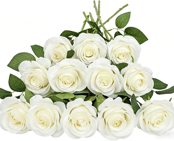 HNVNER 12 Pcs White Rose Artificial Flowers, Fake Flowers Silk Rose Realistic Bouquets for Wedding Table Centerpiece Home Decor