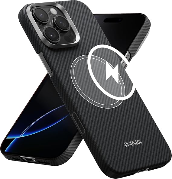 Ultra-thin version - PITAKAiPhone 16 Pro Case, MagSafe Compatible, Camera Button, Upper and Lower Covers, Aramid Fiber, Wireless Charging Compatible, Shockproof, Slim, Carbon Look, Stylish Black