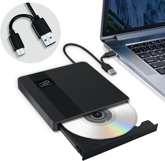 External CD/DVD Drive USB 3.0 & Type-C Slim Portable DVD Player+/-RW Disk Drive CD Burner Writer Reader CD ROM, for Laptop Desktop PC MacBook Mac Windows 11/10/8/7 Linux OS Apple