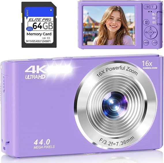 Digital Camera 4K, 44MP Autofocus Compact Digital Camera, 64GB, 2 Batteries