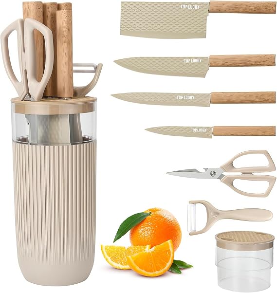 Knife Set, 7 Pieces Professional Kitchen Knife Set with Universal Knife Block, Super Sharp Knife Block Set with Ergonomic Handle Non-stick Stainless Steel Knife Block Set (Beige)
