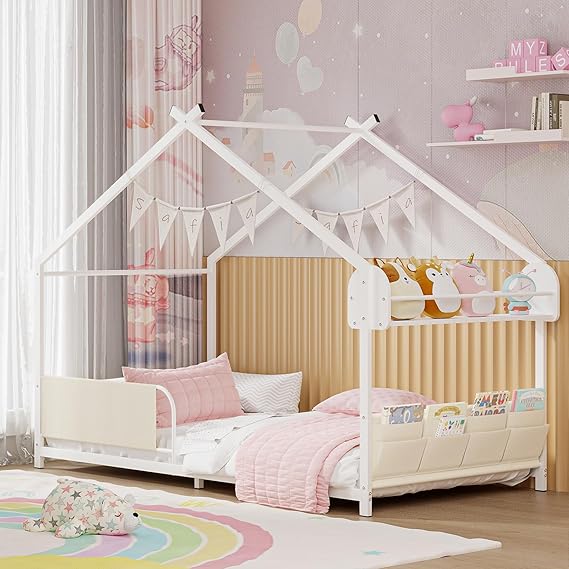 Timy Twin Size House Bed with Storage Rack and Caddy Montessori House Shape Bed Metal Floor Bedframe for Kids No Box Spring Needed White