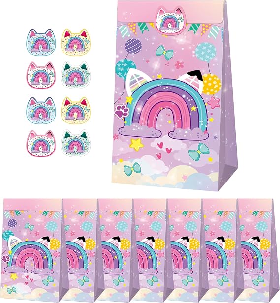 Terasilian Cartoon Cat 12 Sets Goodie Bags with 12 pcs Stickers Party Favors for Birthday Party Supplies