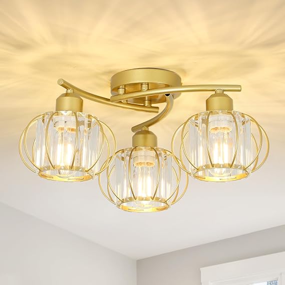 Crystal Ceiling Lights Living Room, 3-Lights Crystal Chandeliers Ceiling Light, Gold Ceiling Light with Glass Lampshades, Bathroom Lights Ceiling, Hallway Light Ceilings for Bedroom, Kitchen [Energy Class D]