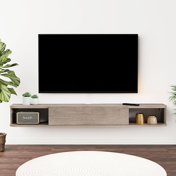 Pmnianhua Floating TV Shelf, Wall Mounted TV Cabinet, Floating Shelves with Door, Modern Entertainment Media Console Center Large Storage Under TV (160cm, Rustic Oak)