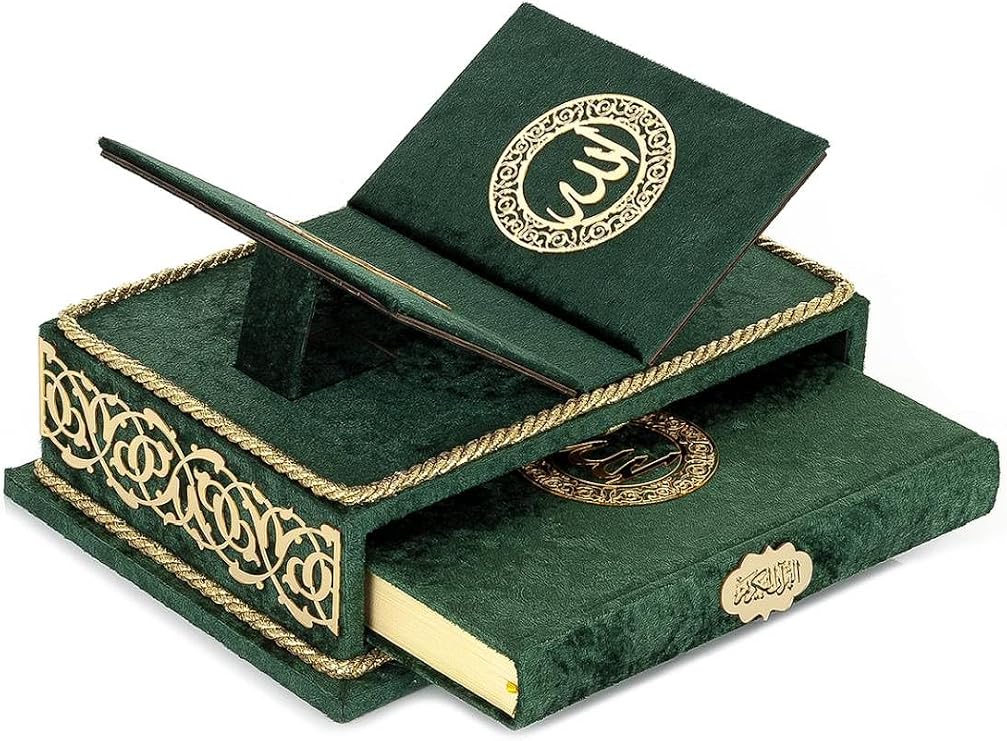 ihvan online, The Holy Arabic Quran Gift Set, Book Stand Holder, Desktop Quran Holder, Rehal, Velvet Covered Chest Rihal, Decorative Islamic Gifts for Muslims, Green