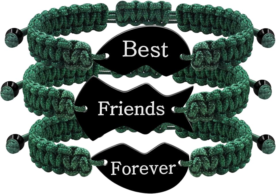 BFF Matching Bracelets Set of 3 - Braided Heart Puzzle Charm Friendship Jewelry for Best Friends, Couples | Engraved Long Distance Gift for Women & Men
