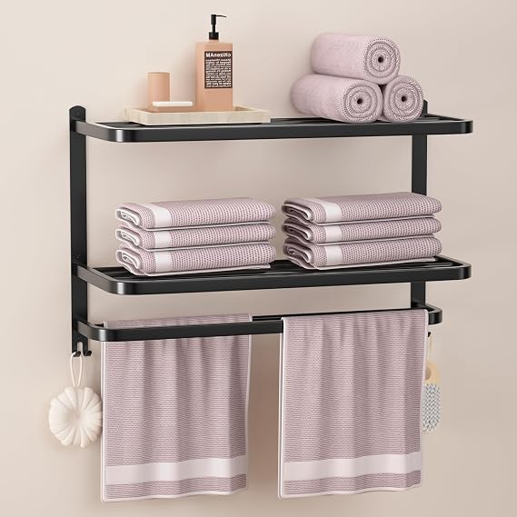 3-Tier Black Towel Racks for Bathroom with Towel Bars Multilayer Hotel Towel Shelf Stainless Steel Wall-Mounted Matte Finished Holder with Towel Shelves 23 Inches, TR24 3TIERB