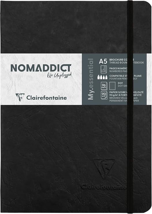Clairefontaine 793431C Age Bag Collection A My.Essential Black Sewn Elastic Notebook - A5 14.8x21 cm - 192 DOT Numbered Pages - 90 g Ivory Paper - Grain Leather Glossy Card Cover