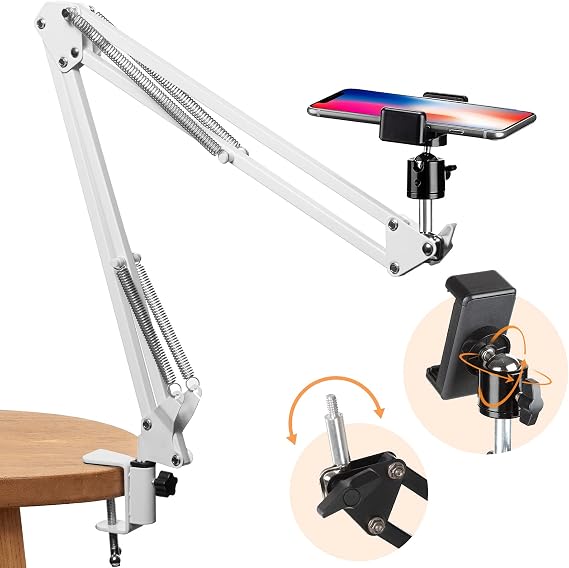 TARION Overhead Mount Articulating Arm Phone Holder Video Webcam Stand Lazy Arm Clamp Table Desktop Suspension Scissor Arm Stand (White)