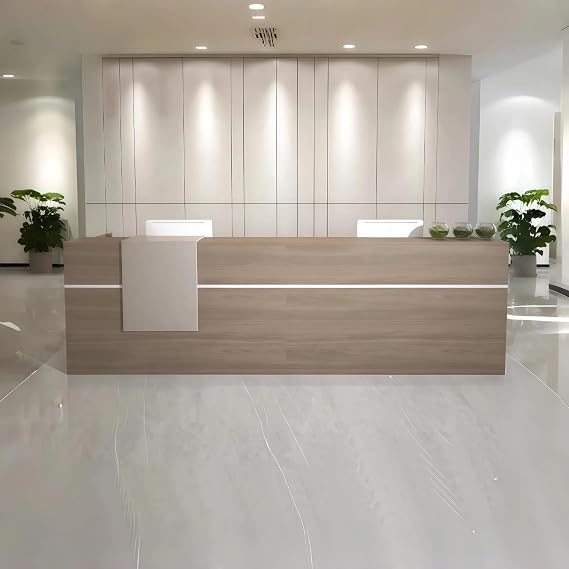 Reception Desk, Wood Grain Reception Desk Checkout Counter for Salon Dental Clinics, Fitness Centers, with Lockable Drawers Hidden LED Lighting, Customizable Logo