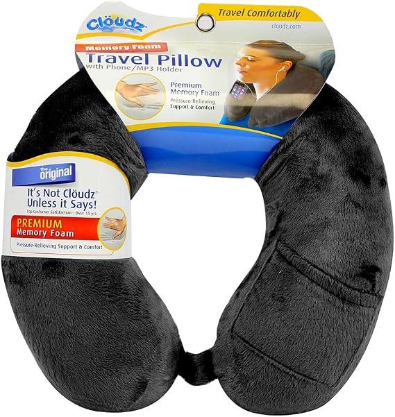 Cloudz Memory Foam Travel Neck Pillow with Snap & Pocket - Black