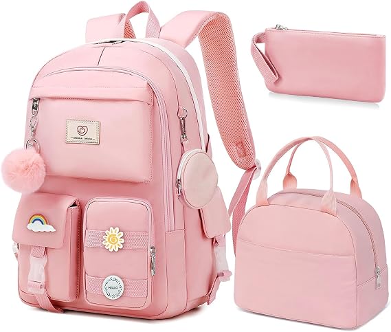 Girls Backpack for School - Cute Girls Bookbag With Multiple Pockets Large Capacity School Backpack for Girls, Pink-backpack Set, M