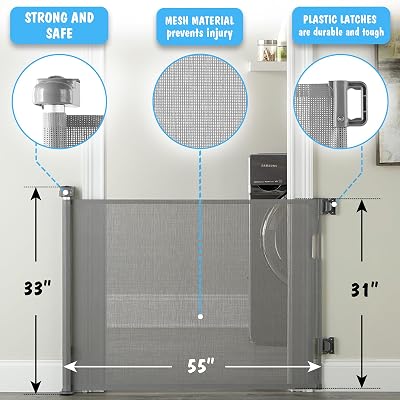 Cumbor Mesh Retractable Gates for Stairs, Dog Gate Indoor for The House, Wide Pet Gate 33 Tall, Extends to 55 Wide, Long Safety Gates for Doorways, Hallways, Cat Gate OutdoorGray