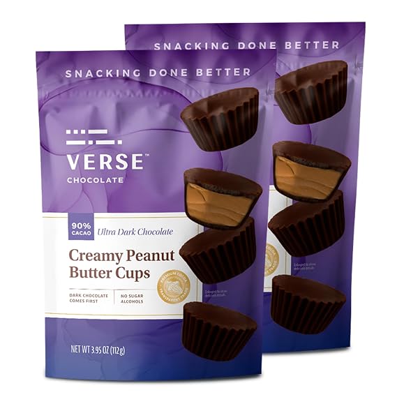 Verse 90% Dark Chocolate Peanut Butter Cups, 2 Pack, Premium Filled Cups | Rich Dark Chocolate Cups with Creamy Peanut Butter Filling, 3g Fiber, Indulgent Chocolate Snack