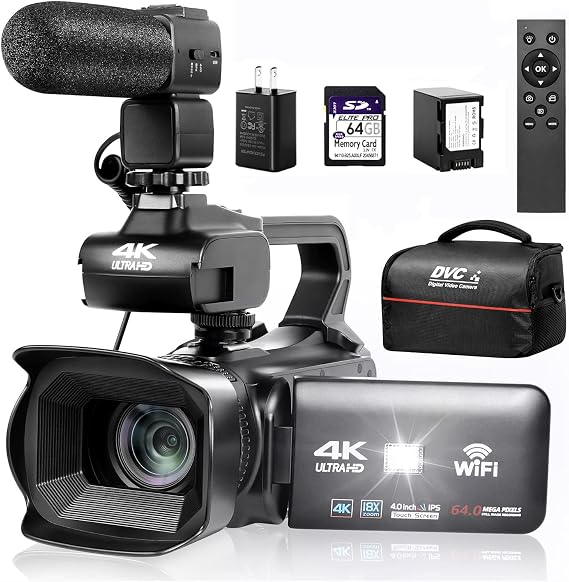 Upgrade 4K UHD Video Camera Camcorder with Mic, 18X Digital Zoom Auto-Focus Vlogging Camera for YouTube Antishake Video Recorder with 4" Rotating Touch Screen, 64GB SD Card and Battery