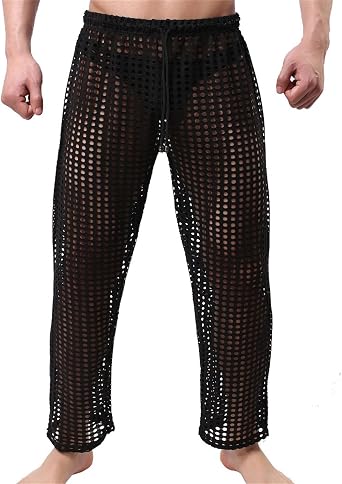 JEKE-DG Men's See Through Mesh Pant Fishnet Openwork Lingerie Pants Drawstring Sexy Long Pants Pajamas Bottoms