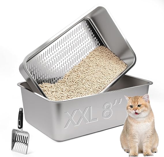 Large Stainless Steel Sifting Litter Box, 23.6" L x 15.7" W x 8" H Semi-Enclosed Metal Cat Litter Box Tray with Sifting Pan & Scoop for Big Cat, Easy Cleaning, Anti-Leakage, Non-Sticky