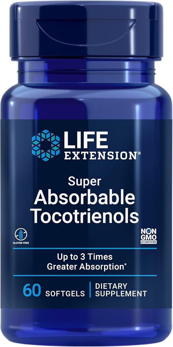 Life Extension Super Absorbable Tocotrienols, Vitamin E as D-Alpha tocopherol, Mixed tocotrienols, Support Hair Growth, Brain Function, Gluten-Free, Non-GMO, 60 softgels | Vitamin E as D-Alpha Tocopherol & Mixed Tocotrienols for Hair Growth Support & Brain Function, Gluten-Free & Non-GMO
