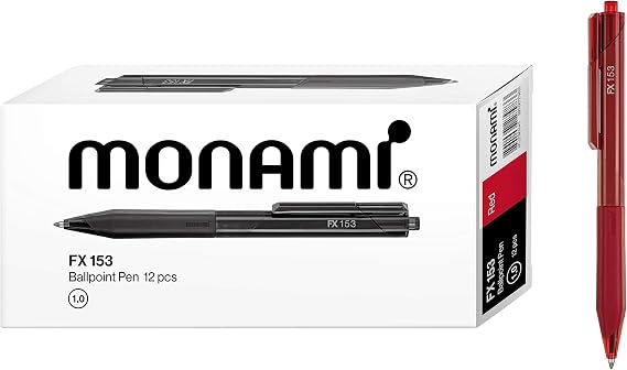 MONAMI FX 153, Retractable Ballpoint Pen, Medium Point (1.0mm), ISO-12757-2 Type Refill, Smudge-Free, Ultra Smooth F5 Ink, Red, 12-Count