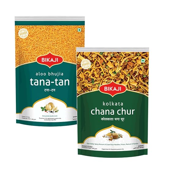 Bikaji Tana-Tan Aloo Bhujia 400g & Kolkata Roasted Chanachur 400g Combo | Authentic Indian Namkeen Pack | Crunchy Tea-Time Snack, Bar Snack & Party Mix | Savory & Spicy Munchies for Sharing & Everyday