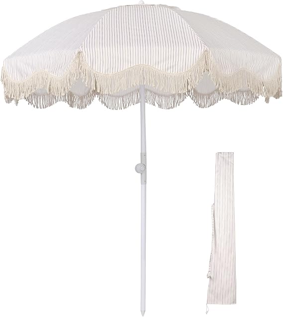 LAGarden Ocean 6Ft Tiltable Fringe Patio Umbrella Victorian Vibe 8 Ribs