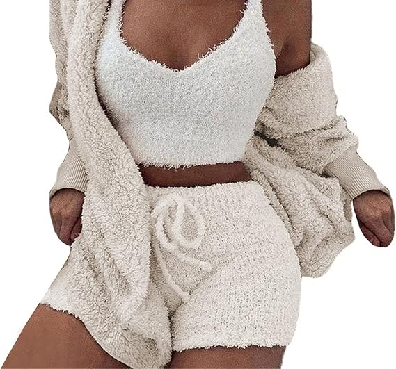 Famnbro Women's Sexy Fuzzy 3 Piece Outfits Fleece Warm Hooded Cardigan Crop Top Shorts Set Pajamas Loungewear