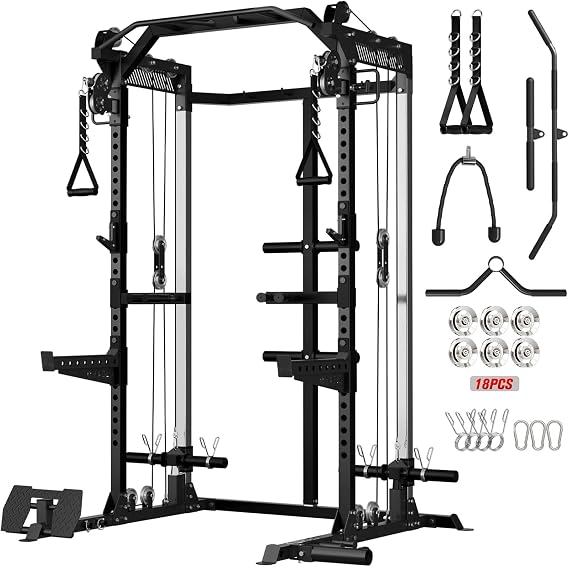 Mikolo HR06 Power Cage with Aluminum Pulleys, 2000LB Power Rack with Independent Dual Pulley System, Multi-Function Home Gym Workout Machine for Cable Crossover