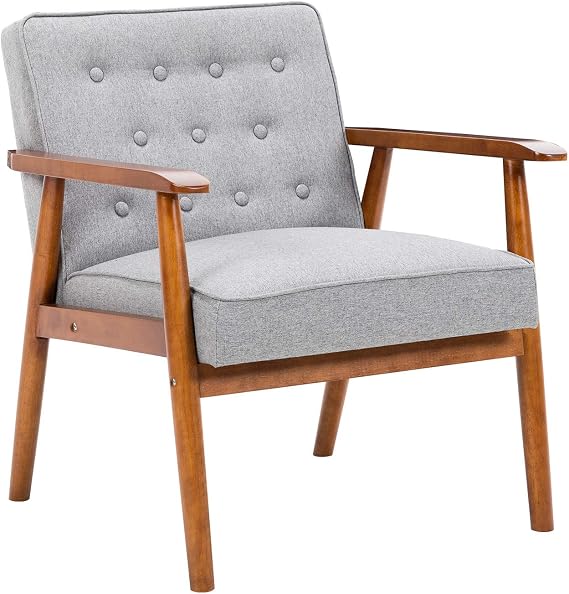 UNICOO Leisure Chair Solid Wood Armrest Accent Chair, Fabric Upholstered Wooden Lounge Chair Modern Living Room Chairs (U205-Grey)