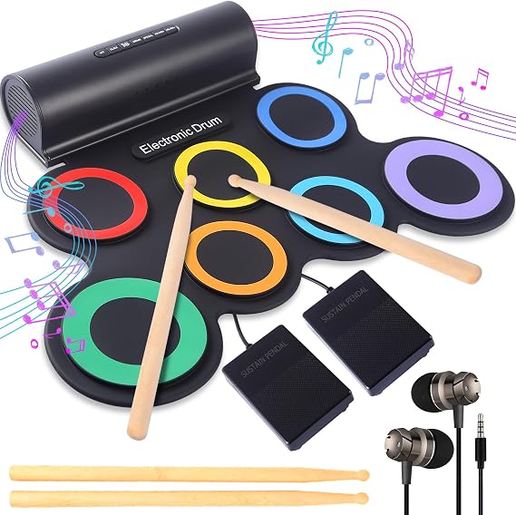 Portable Electronic Drum Set 7-Pads: Roll-Up Electric Drum Kit for Beginners & Hobbyists–MIDI Drum Pad with Headphones,Dual Speakers & Pedals–10H Playtime–Great Practice Tool for Home & Travel