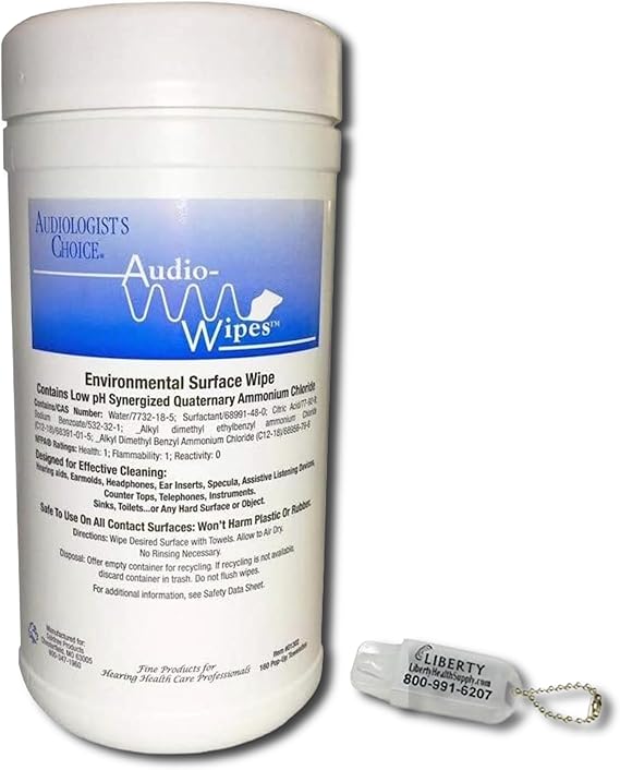 Cleaning Towelettes - Large Canister (160 Wipes) and Liberty Hearing Aid Battery Keychain