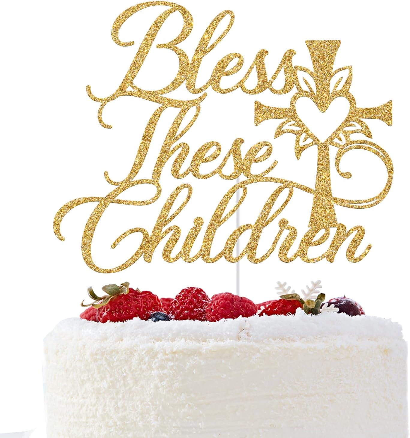 Bless These Children Cake Topper, God Bless This Child, Religious Baptism Christening Baby Shower 1st Birthday Party Decorations Gold Glitter