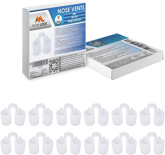 Nose Vent Sinus Relief (Pack of 12 Small Size) Soft Vents - A Simple Solution for Nasal Snorers - Reusable Snoring Device to Enjoy a Peaceful Night's Sleep - by Mobi Lock | Cone-shaped tips, opens the airways, eases sinus pressure, washable, reusable, low-visibility