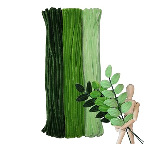 Green Color Trio Pipe Cleaner Set - 300pcs, Thick Fluffy Chenille Stems for Arts & Crafts, Perfect for Making Animals, Flowers, and Festive Decorations12 inches x 0.24 inches