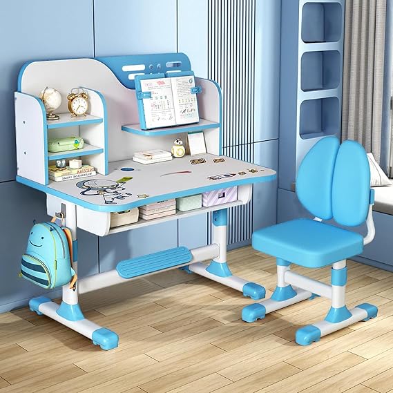 Kids Desk and Chair Set, Study Table and Chair, Desk for Kids, Children's Desks with Golden Distance Design, Homeschooling Writing Desk with Desktop for Boys and Girls (Blue 2)