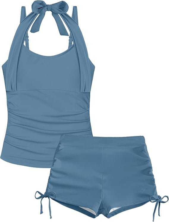 Girls Swimsuit Two Piece Bathing Suit Ruffle Trim Swimsuits for Girls Tankini with Drawstring Shorts Swimwear 9-18Y