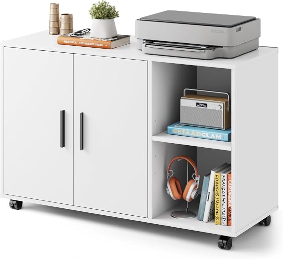 DEVAISE Office File Cabinet, Rolling Printer Stand, White