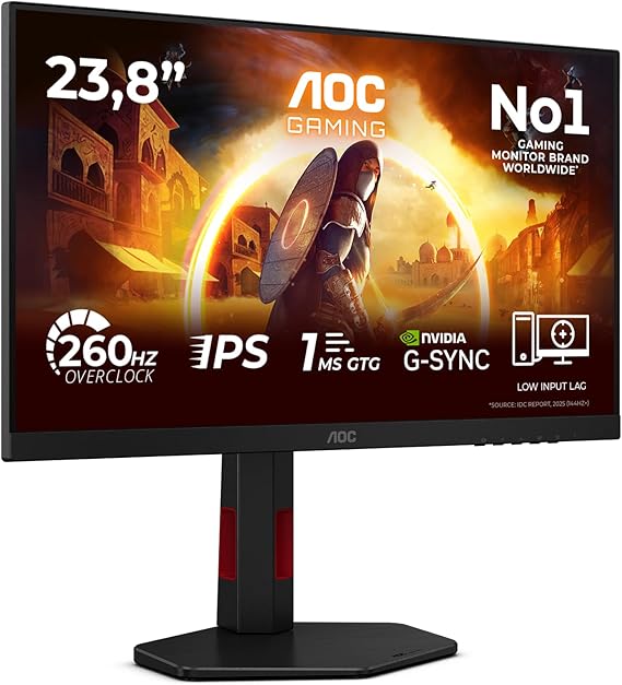 AOC 24G4ZR 24 inch FHD Gaming Monitor 260Hz, Fast IPS Panel, 1ms GtG, HDR10, G-Sync Compatible, Height Adjustment, (1920x1080 HDMI 2x 2.0 DP 1x 1.4) Black