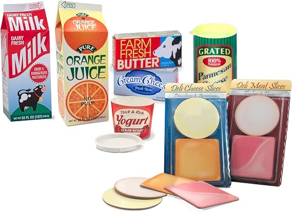Melissa & Doug Fridge Fillers Grocery Play Food Cartons (8 Pieces) Wooden Toy Groceries, Pretend Play Food, Kitchen Accessories for Kids Ages 3+ FSC Certified