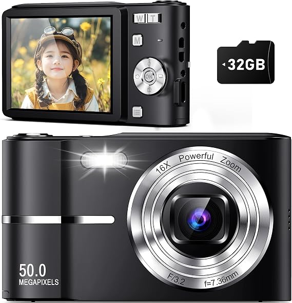 Upgrade Digital Camera, 50MP Full High Definition 1080P with 16x Zoom Anti Shake, Compact Camera for Kid Student Children Teen Girl Boy, Kids Camera with 32GB SD Card,2 Batteries-Black
