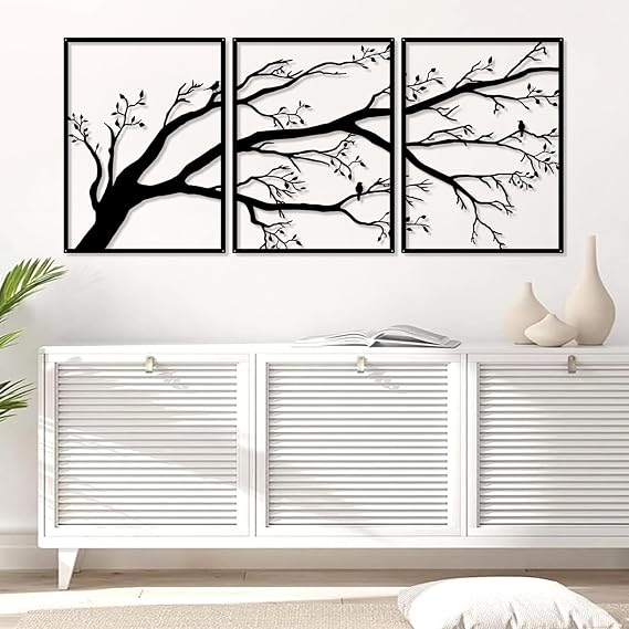 Pduoduo 3'lü Set Büyük Hayat Ağacı Duvar Dekoratif, Metal Duvar Dekoru, Ağaç Tabelası, Daldaki Kuşlar Ev Bahçe Ofis İç Mekan Dış Mekan için Metal Heykel (39,9 x 89,9 cm)