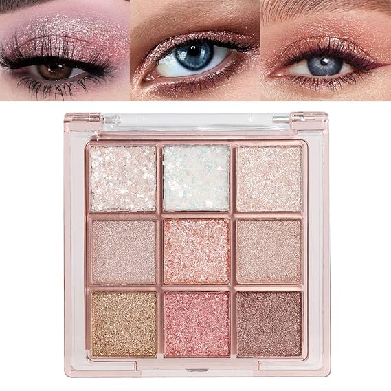 9 Colors Pink Glitter Eyeshadow Palette Naturing-Looking Women Girls Eye Shadow,Pink White Gold Glitter Shimmer Sparkly Eye Shadow Palette Makeup,Warm Pastel Eyeshadows Palette Long Lasting Waterproof
