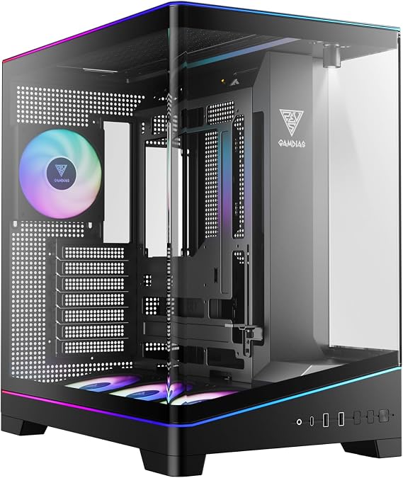 GAMDIAS Atlas P6 CG Mid-Tower Gaming PC, Mini-ITX, Micro-ATX, and ATX, 4x120mm PWM ARGB Fans, Curved Tempered Glass Panoramic Design, Modular Tool Free, Type-C Ready, 425mm GPU Support
