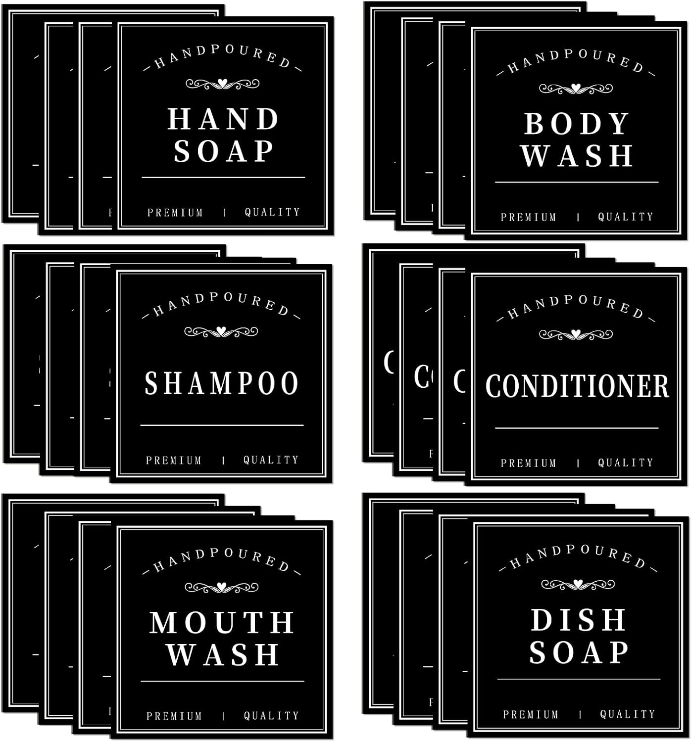 KSIWRE 24PCS Waterproof Soap Labels for Bottles,Shampoo Dispenser Label for Bathroom Organization,Removable Self-Adhesive Stickers for Hand Soap,Dish Soap,Conditioner,Body Wash,Mouthwash (Black,3"x3")