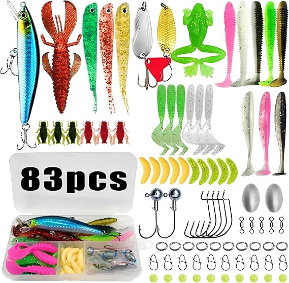 83 PCS Pike Lures, Fishing Lures Kit with Tackle Box for Bass Trout Accessories for Freshwater,Tackle Box Included Crankbaits, Hooks, Jigs and More Other Accessories, Fishing Gear Kit for Anglers