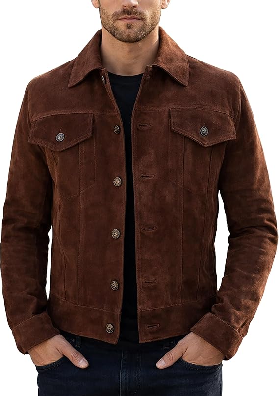 LP-FACON Mens Western Style Trucker Suede Leather Jacket